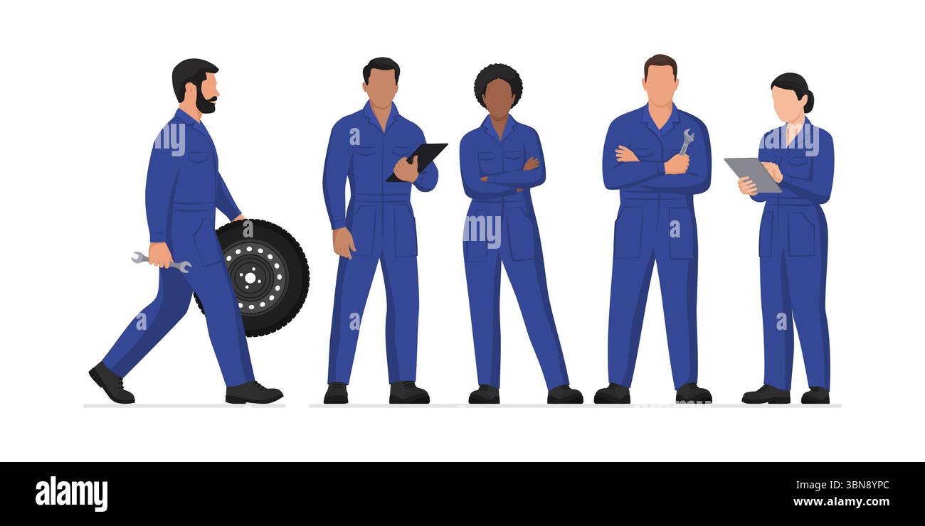 Gruppe von Mechanikern, die sich zusammenstellen, Autoreparatur- und Assistenzkonzept, isoliert Stock Vektor