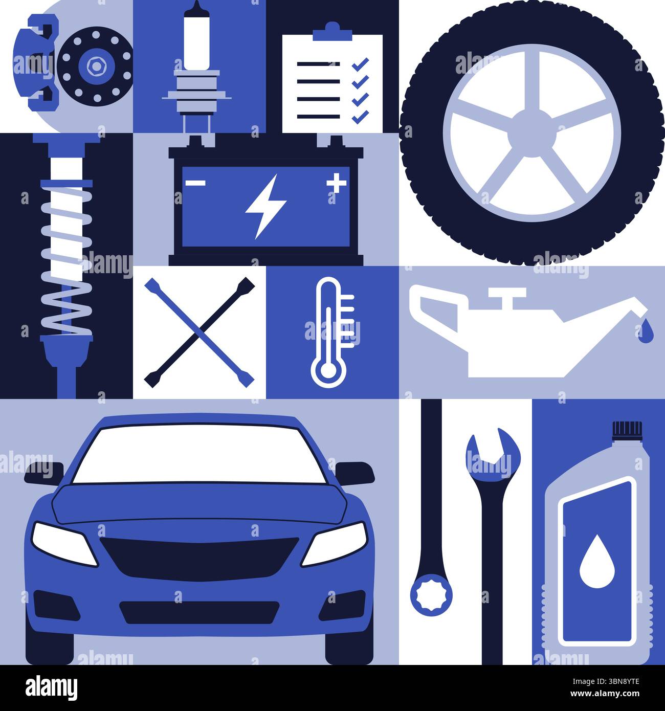 Wartung und Reparatur von Fahrzeugen, geometrische Muster Hintergrund mit Symbolen in der Autowerkstatt Stock Vektor