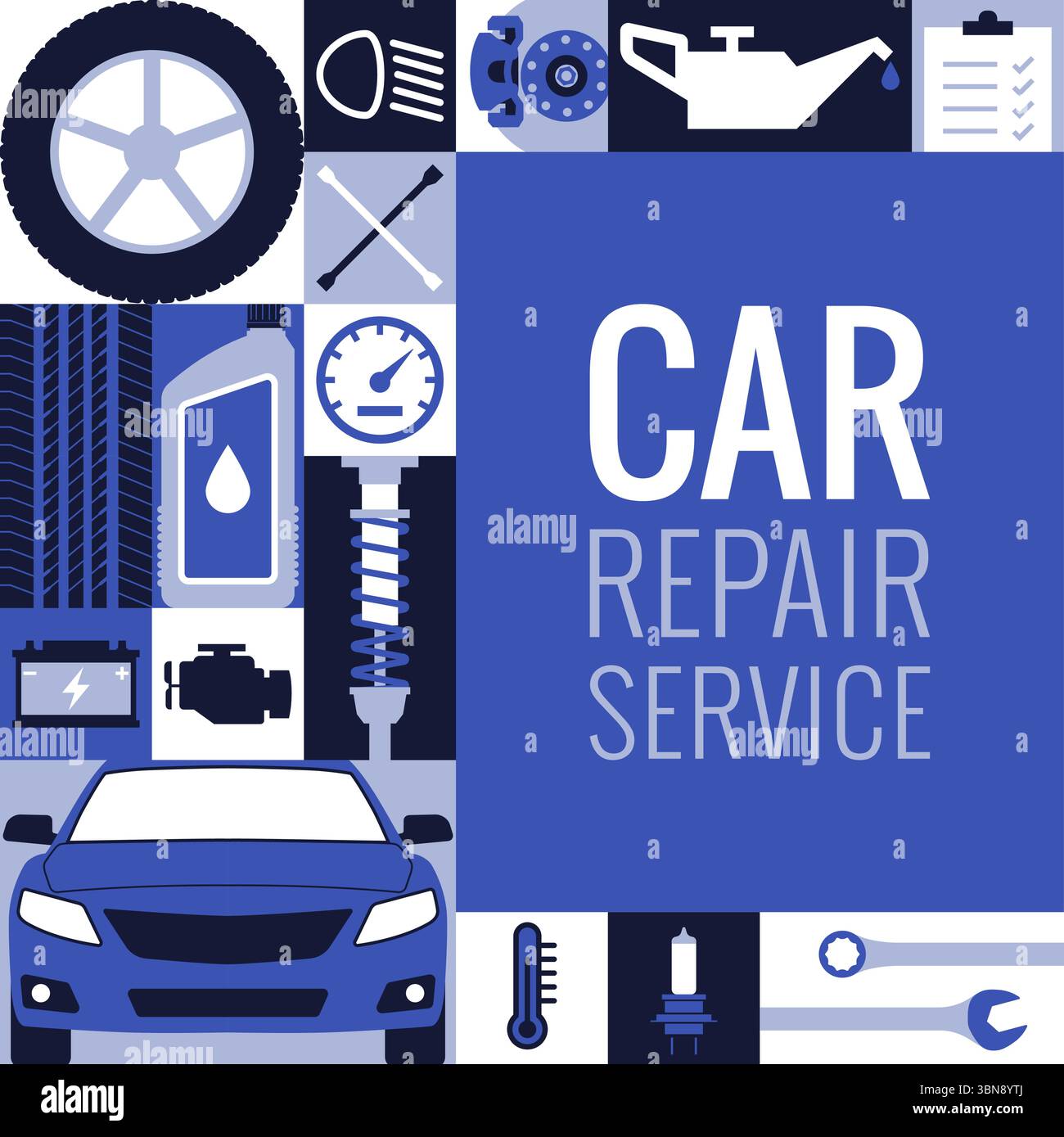 Wartung und Reparatur von Fahrzeugen, geometrischer Hintergrund der Autowerkstatt mit Kopierraum Stock Vektor