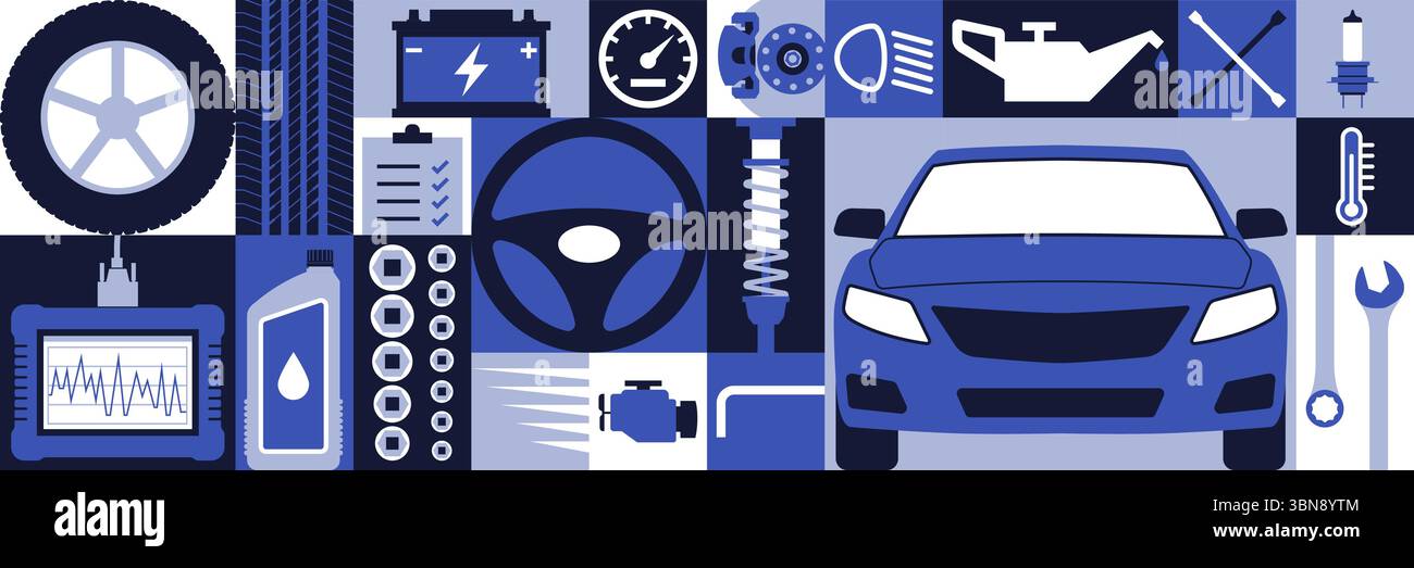Wartung und Reparatur von Fahrzeugen, geometrische Muster Hintergrund mit Symbolen in der Autowerkstatt Stock Vektor