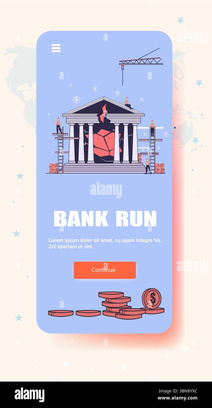 Bank laufende Finanzkrise kaputte Bank Bauarbeiter Gerüstbau Münzen Kran beschädigte Struktur wirtschaftliche Rezession Landing Page Stock Vektor
