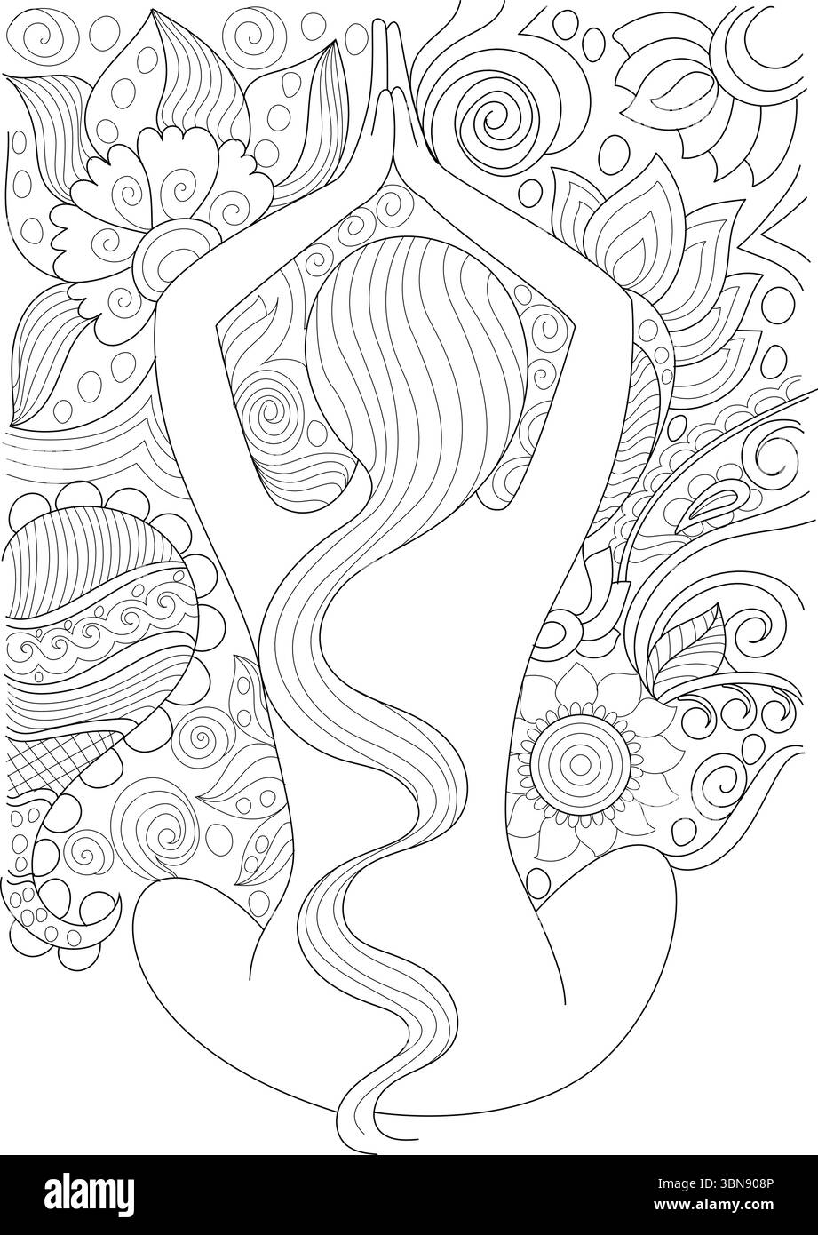Eine ruhige schwarz-weiße Strichgrafik-Illustration, die perfekt für Malbücher für Erwachsene ist und eine Person in friedlicher Meditation oder Yoga-Pose mit Händen zeigt Stock Vektor