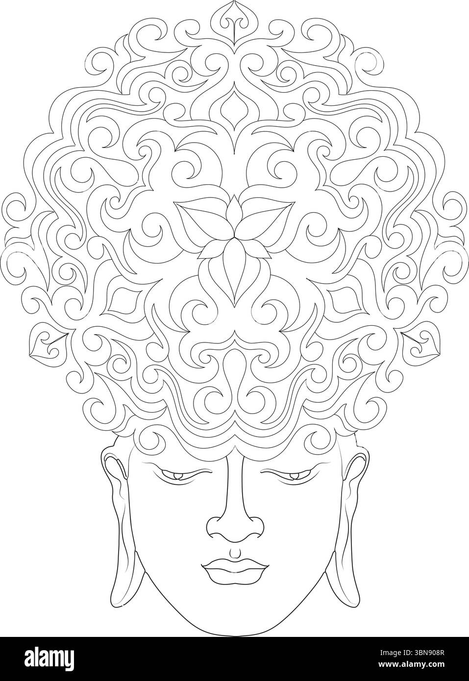 Eine ruhige Strichkunst-Illustration mit dem Kopf des Buddha, gestaltet mit klaren, minimalistischen Linien. Über dem ruhigen Gesicht, eine kunstvolle Krone aus bauchmuskeln Stock Vektor