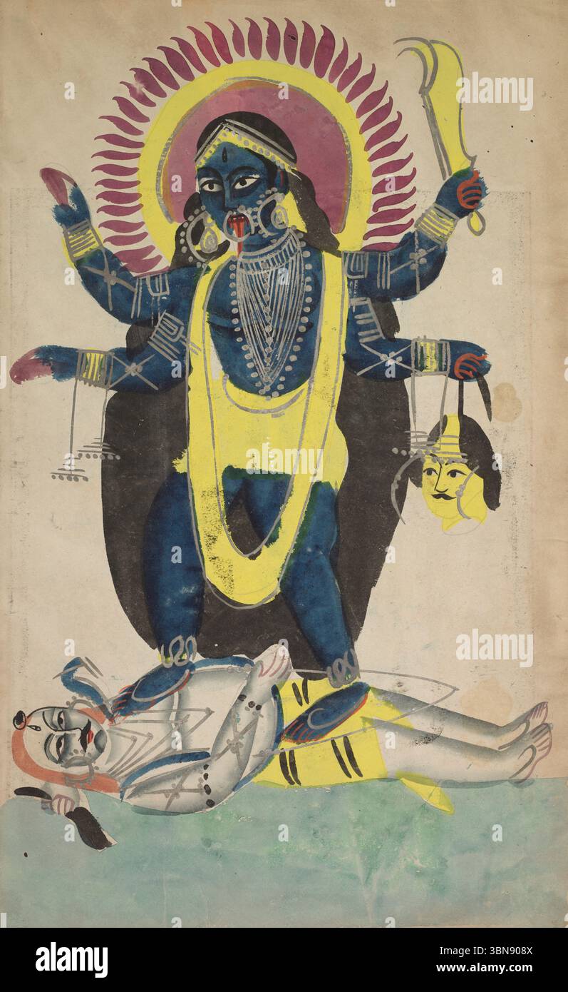 Blatt aus einem Kalighat-Album: Zwei Aspekte von Kali, um 1890. Ostindien, Bengalen, Kalkutta, Kalighat. Gummitempera, Graphit und Tinte auf Papier; insgesamt 49,5 x 29 cm (19 1/2 x 11 7/16 Zoll). Stockfoto