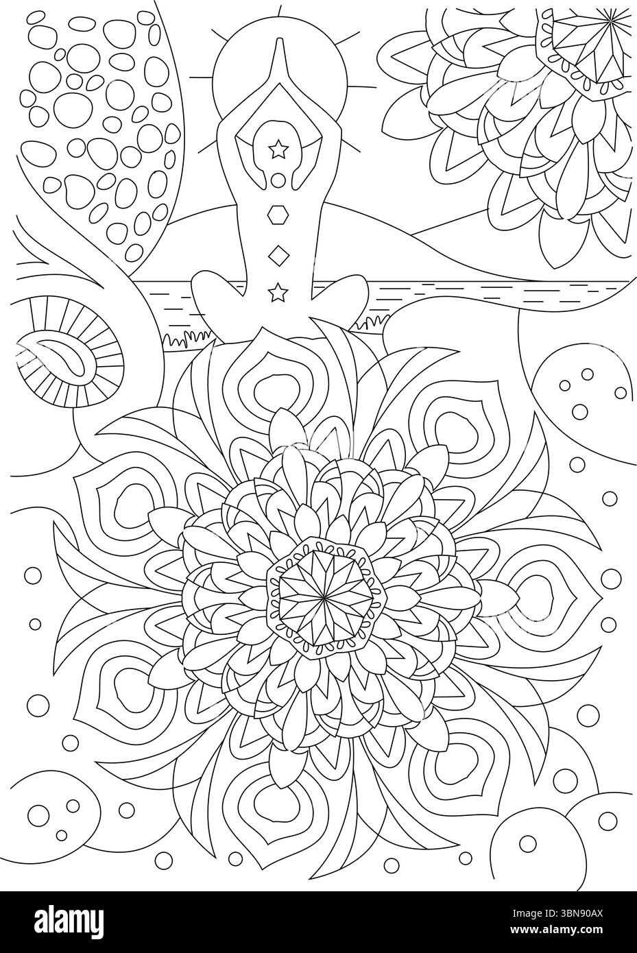 Eine ruhige Lineargrafie, die eine Person in einer friedlichen Meditations- oder Yoga-Pose darstellt, mit Händen in Gebetsposition und einer strahlenden Sonne oder einem Halo behin Stock Vektor