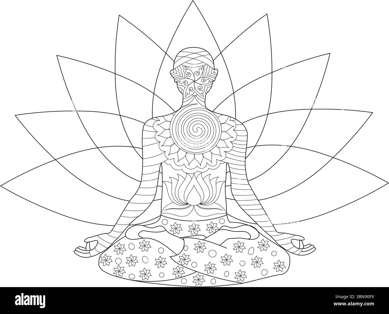 Eine schwarz-weiße Strichgrafik-Illustration, die eine Person in einer ruhigen Meditationsposition (Lotus) zeigt, von hinten gesehen. Die Figur ist mit Intr Stock Vektor