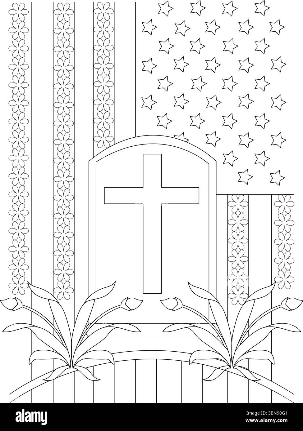 Eine ergreifende schwarz-weiße Strichgrafik für den Memorial Day, die einen Grabstein mit einem klaren Kreuz zeigt, das Opfer und Erinnerung symbolisiert. T Stock Vektor