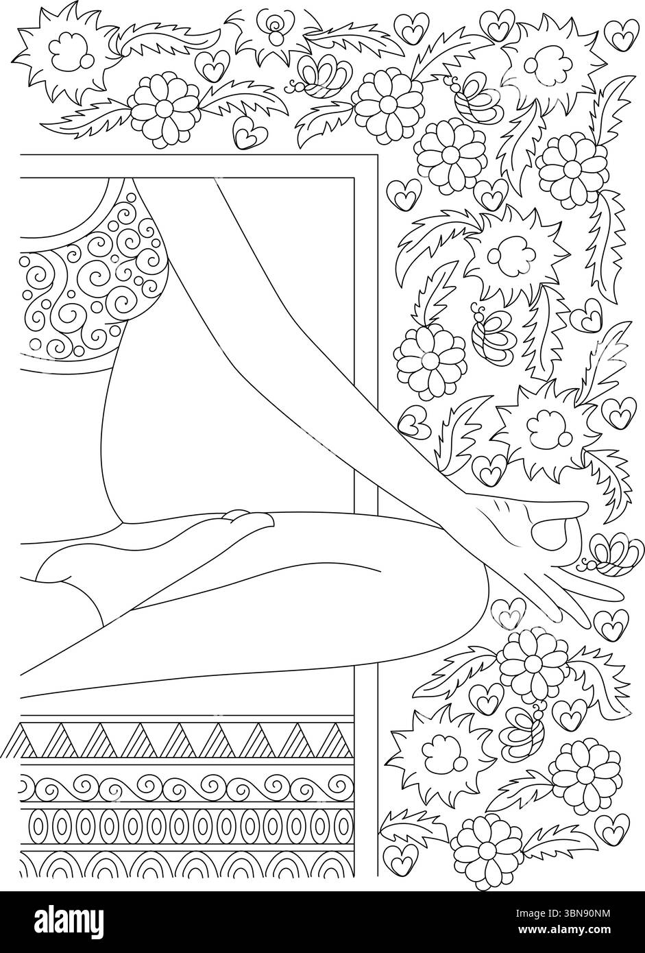 Detaillierte Vektor-Umrissillustration, die eine Person in einer ruhigen Meditationsposition darstellt, mit einer kunstvollen Grenze aus stilisierten Blumen, Blättern und Herzen Stock Vektor