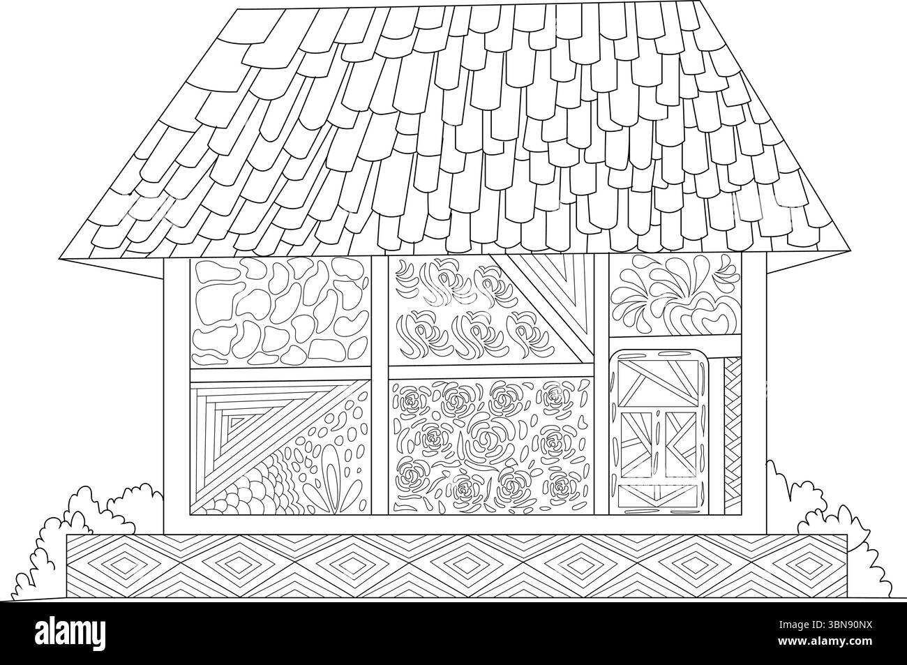 Schwarz-weiße Strichkunst Illustration eines charmanten mittelalterlichen Hauses, gekennzeichnet durch seine aufwendig gemusterten Wände und Dach. Das Design-Incorp Stock Vektor