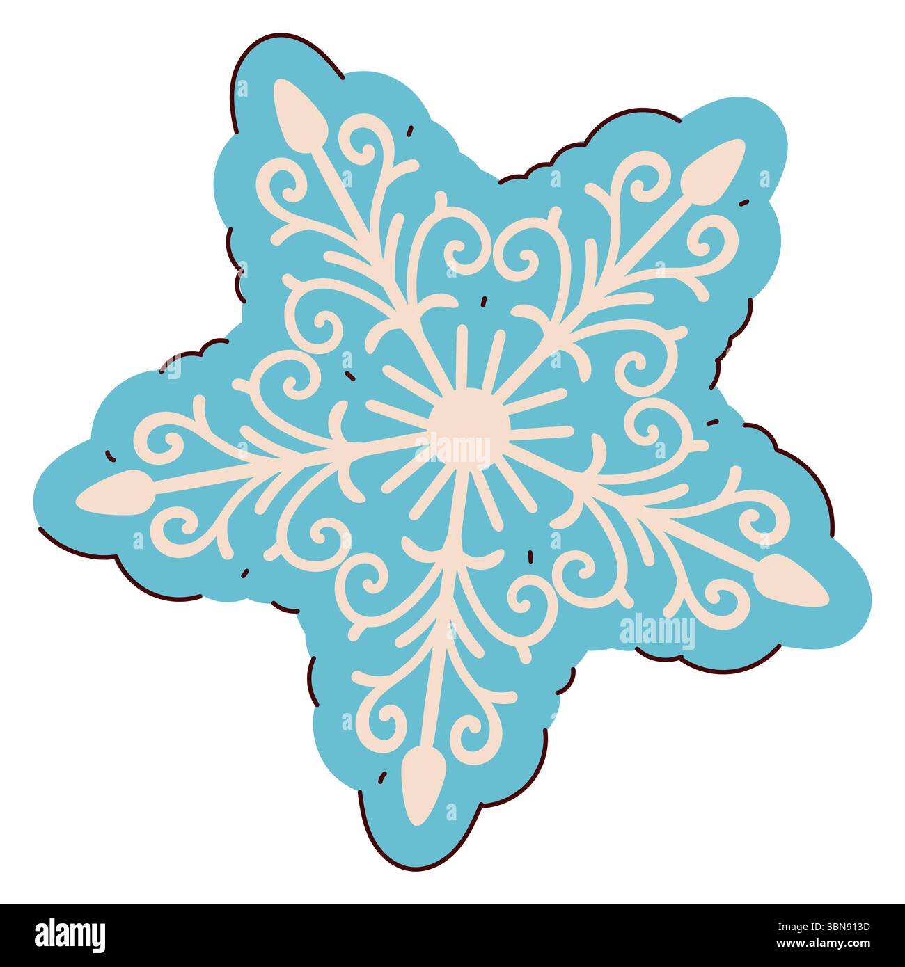 Hand gezeichnetes Schneeflocken-Symbol isoliert auf weißem Hintergrund. Niedliche Flachschnee-Ikone mit schlichtem Umriss und blauer Silhouette von Eispartikeln. Stock Vektor