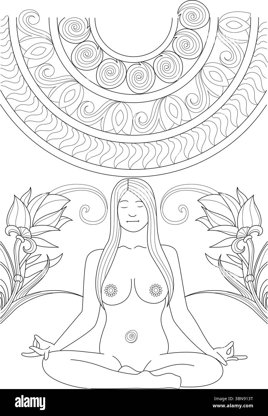 Eine schwarz-weiße Strichgrafik-Illustration, die eine ruhige Frau in meditativer Lotusposition zeigt, die Augen in der Nachsicht geschlossen. Sie ist umgeben von Stiliz Stock Vektor