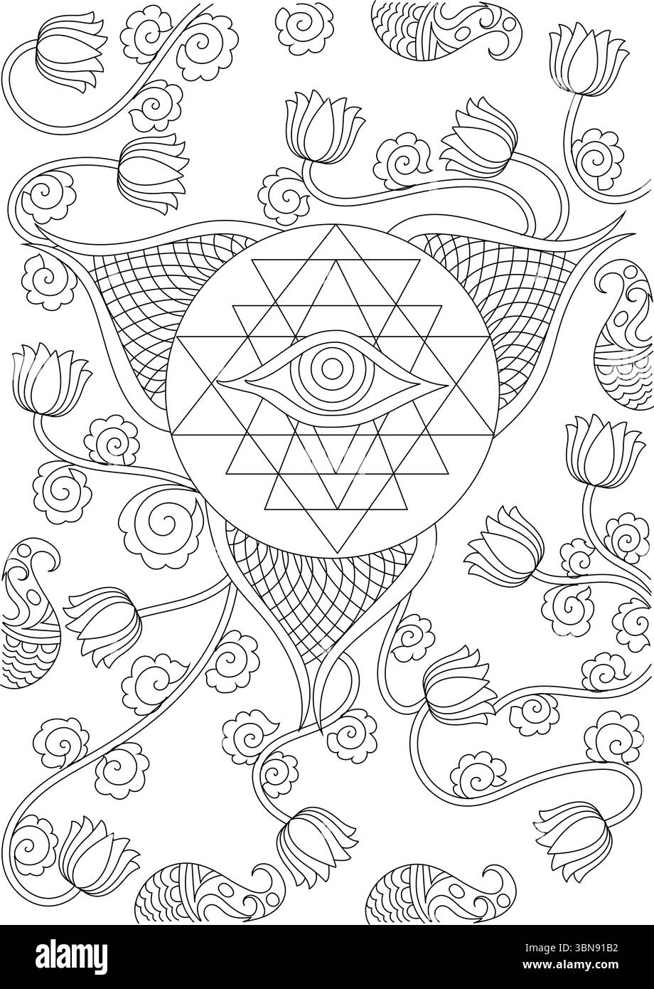 Schwarz-weiße Vektor-Illustration mit einem stilisierten spirituellen Auge in der Mitte eines geometrischen Mandalas, das an ein Sri Yantra erinnert. Das Design i Stock Vektor