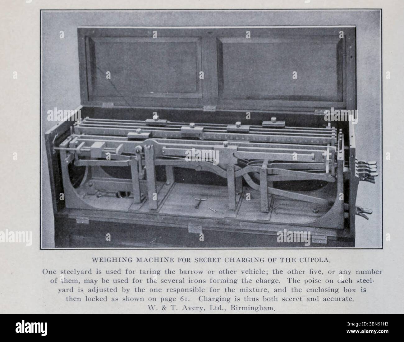 WÄGEMASCHINE ZUM GEHEIMEN LADEN DER KUPPEL. Ein Stahlbahnhof dient zum Tarnen der barrow oder eines anderen Fahrzeugs; die anderen fünf oder eine beliebige Anzahl von ihnen können für die verschiedenen Eisen verwendet werden, die die Ladung bilden. Die Lage auf jedem Stahlbahnhof wird von dem für das Gemisch verantwortlichen eingestellt, und der umschließende Kasten wird dann verriegelt. Das Laden ist somit geheim und genau. W. & T. Avery, Ltd., Birmingham. Aus dem Artikel GIESSEREIMANAGEMENT IM NEUEN JAHRHUNDERT. Von Robert Buchanan. TEIL V - DIE KUPPEL UND IHRE VERWALTUNG. Aus dem Engineering Magazine, das dem industriellen Fortschritt gewidmet ist, Band XXV April - Sep Stockfoto