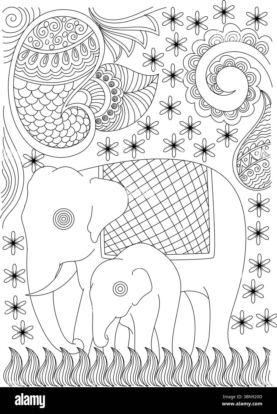 Eine wunderschöne und komplizierte schwarz-weiße Umrissfigur, die eine majestätische Elefantenmutter neben ihrem entzückenden Baby zeigt. Die Elefanten sind Rind Stock Vektor