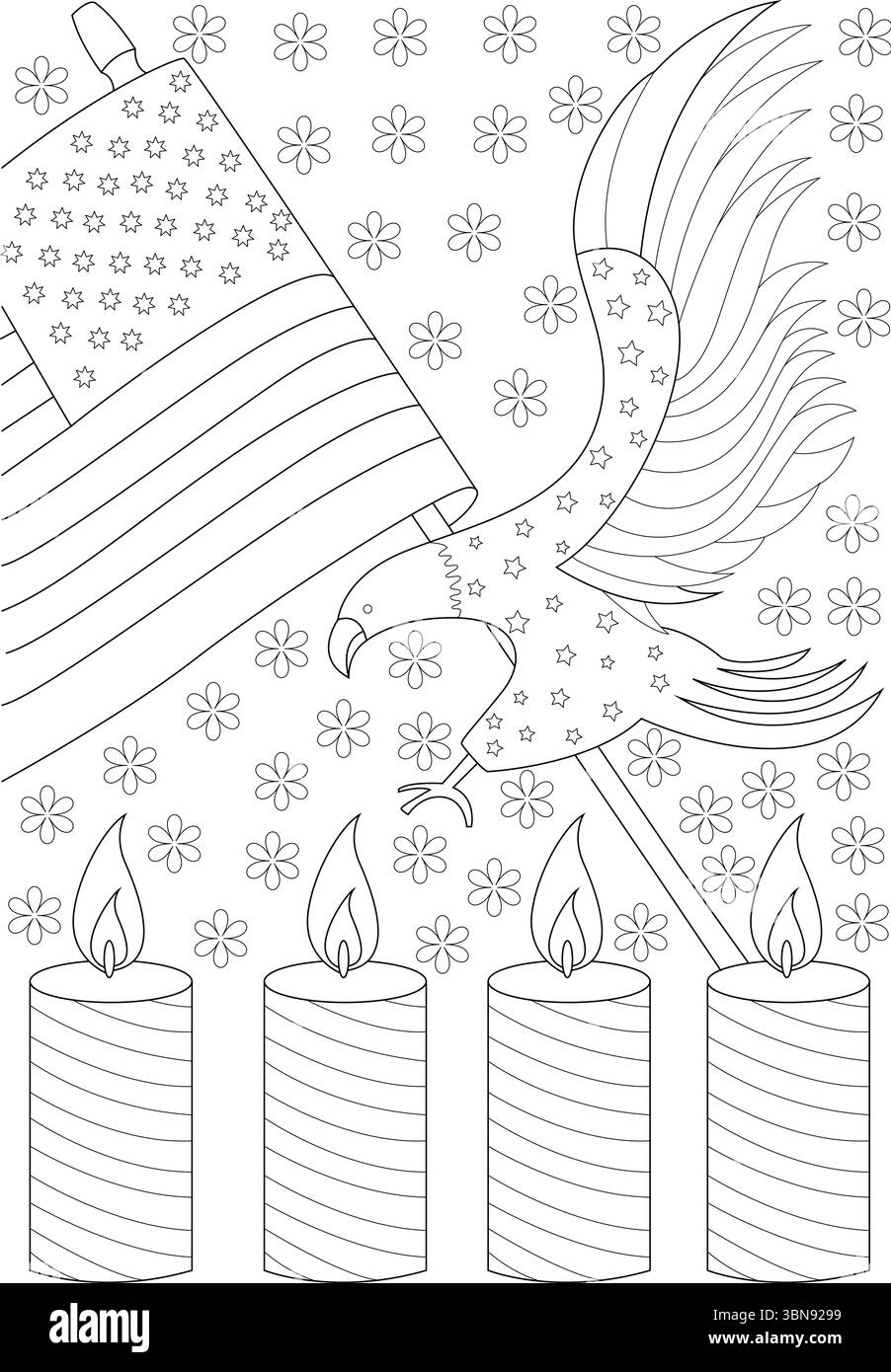 Eine schwarz-weiße Strichgrafik-Illustration, die perfekt für eine Ausmalseite zum Memorial Day ist und ikonische Symbole des amerikanischen Patriotismus und der Erinnerung zeigt. Die Stock Vektor