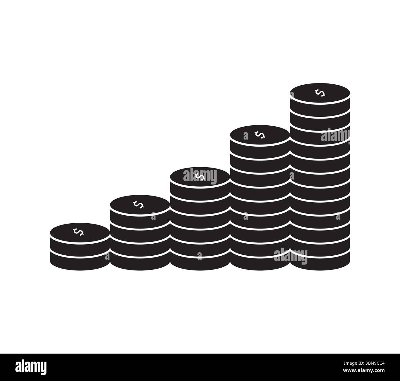 Schwarzes Silhouettensymbol mit gestapelten Münzen, die ein nach oben gerichtetes Balkendiagramm bilden. Steht für Finanzwachstum, Einsparungen, Gewinn und Investitionen. Ideal für Unternehmen, Stock Vektor