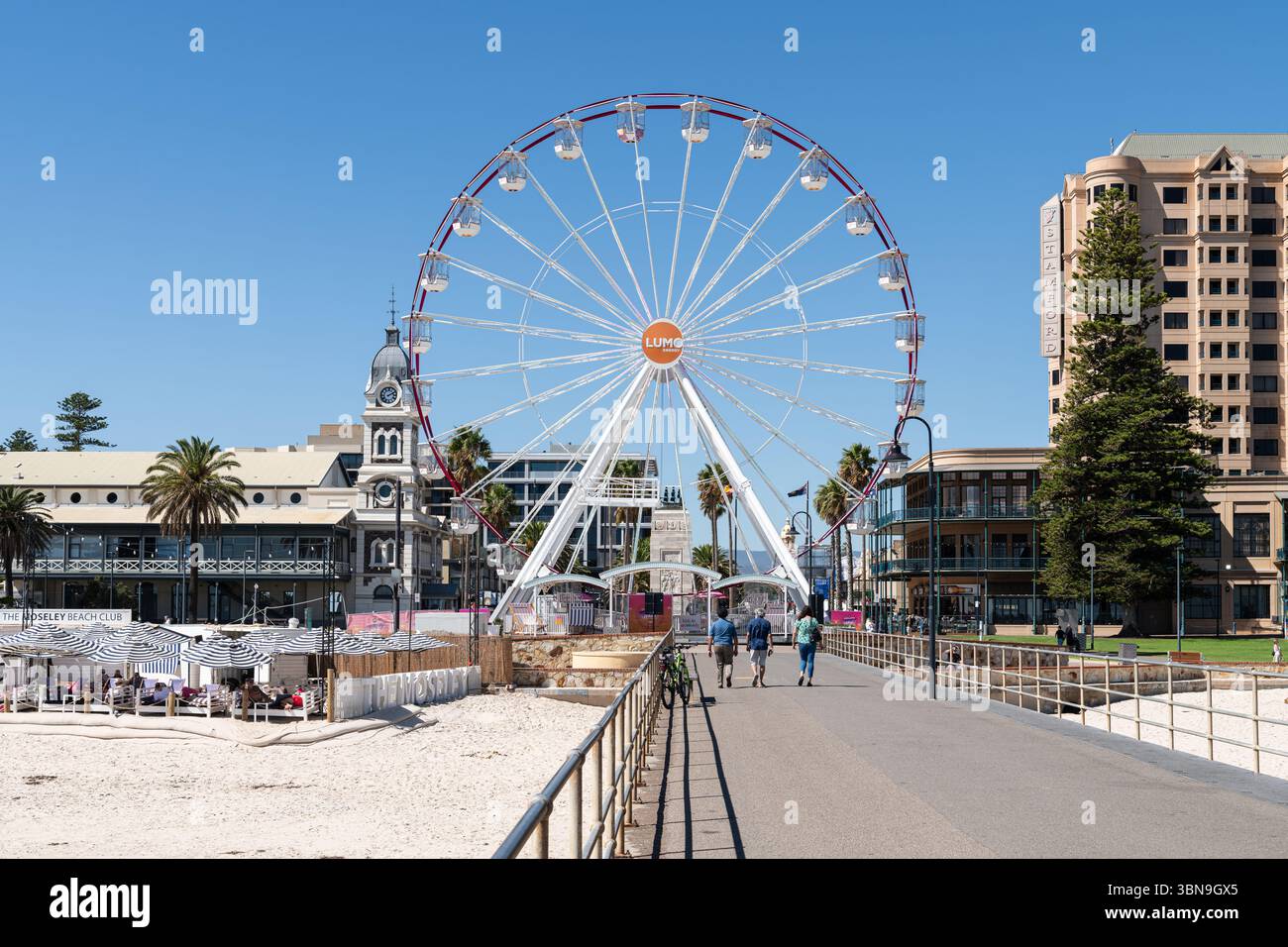 Riesenrad und Palmen am Moseley Square ab Gelnelg Jetty, Glenelg, Adelaide, South Australia, Australien Stockfoto