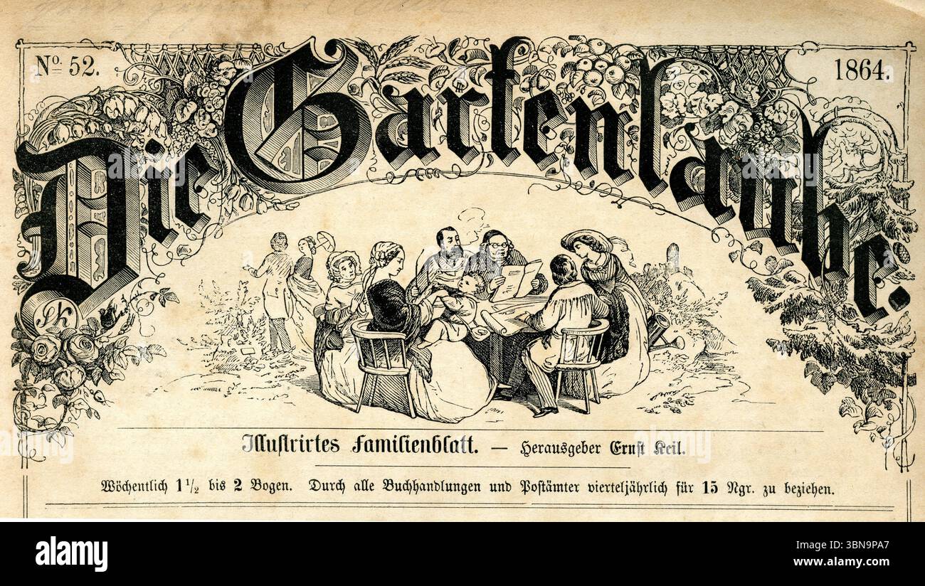 Titelzeile der 1864 illustrierten Wochenzeitschrift „die Gartenlaube“ für die ganze Familie Stockfoto