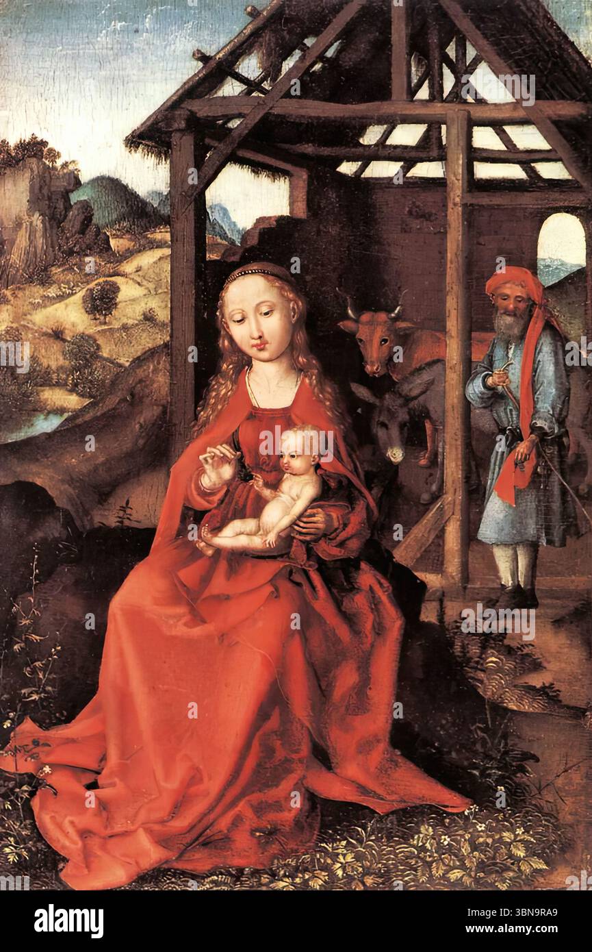 SCHONGAUER, Martin (* 1430, Colmar, d. 1491, Breisach) die Heilige Familie um 1470 Holz, 26 x 17 cm Alte Pinakothek, München Schongauer war der führende Meister der süddeutschen Spätgotik, der unter dem Einfluss von Rogier van der Weyden Künstler wurde. Er schuf eine große Anzahl von Stichen und Zeichnungen und übte dadurch großen Einfluss auf den jungen Dürer aus. Die Heilige Familie zeigt einen unabhängigen Künstler, trotz des flämischen Charakters des Gemäldes. --- Schlüsselwörter: ----------------- Autor: SCHONGAUER, Martin Titel: Die Heilige Familie Zeitlinie: 1451-1500 Stockfoto