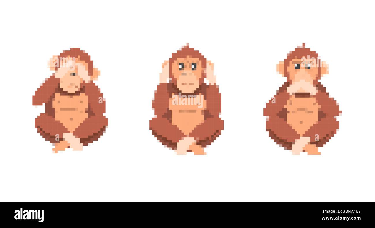 Mosaik-Pixelkunst dreier weiser Affen mit verspielten und ausdrucksstarken Gesten im Retro-Stil Stock Vektor