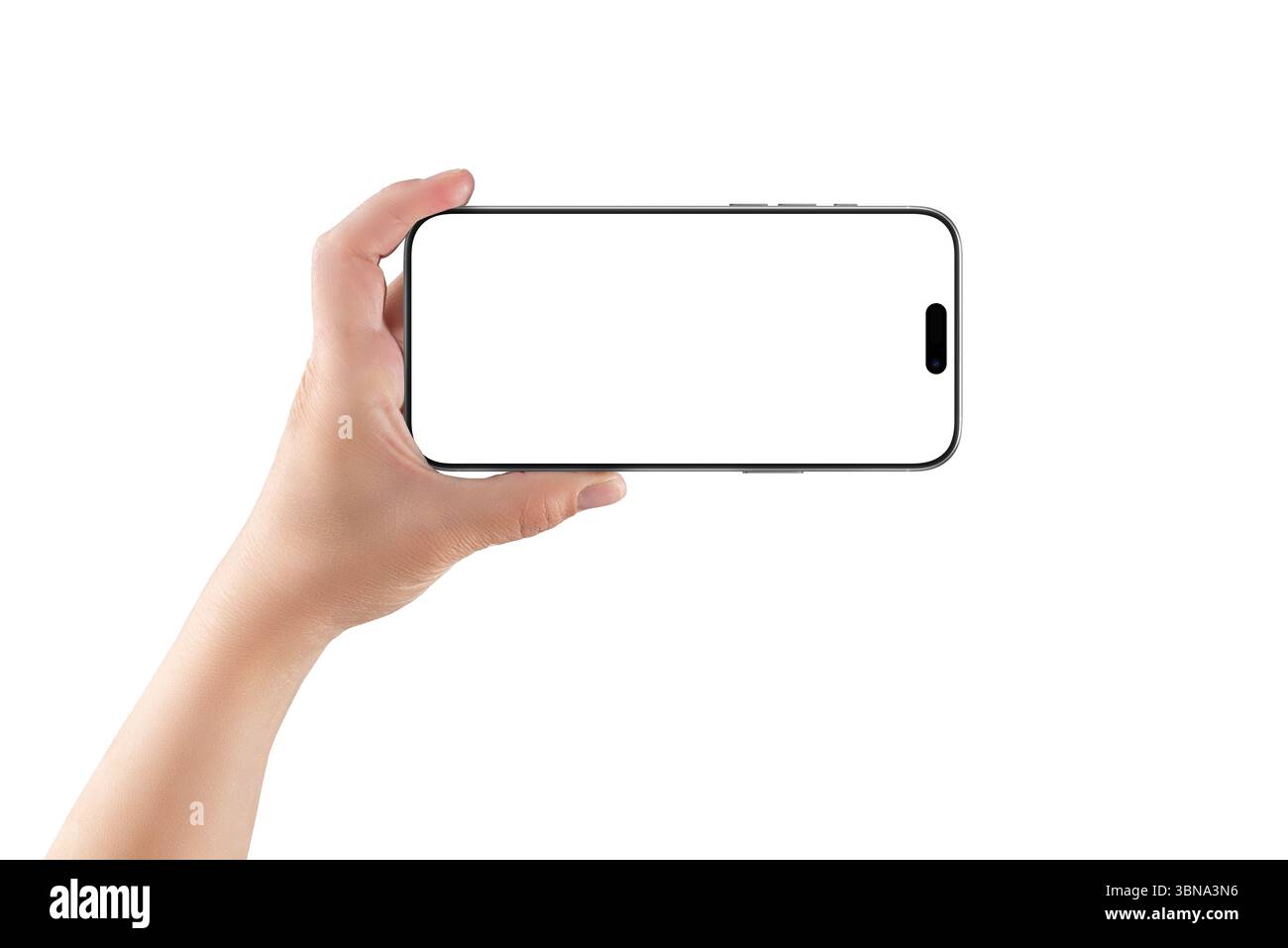 Die Hand hält das Smartphone im Querformat, perfekt für App-Mockups im Vollbild, Videovorschauen oder Vorführungen der Benutzeroberfläche Stockfoto