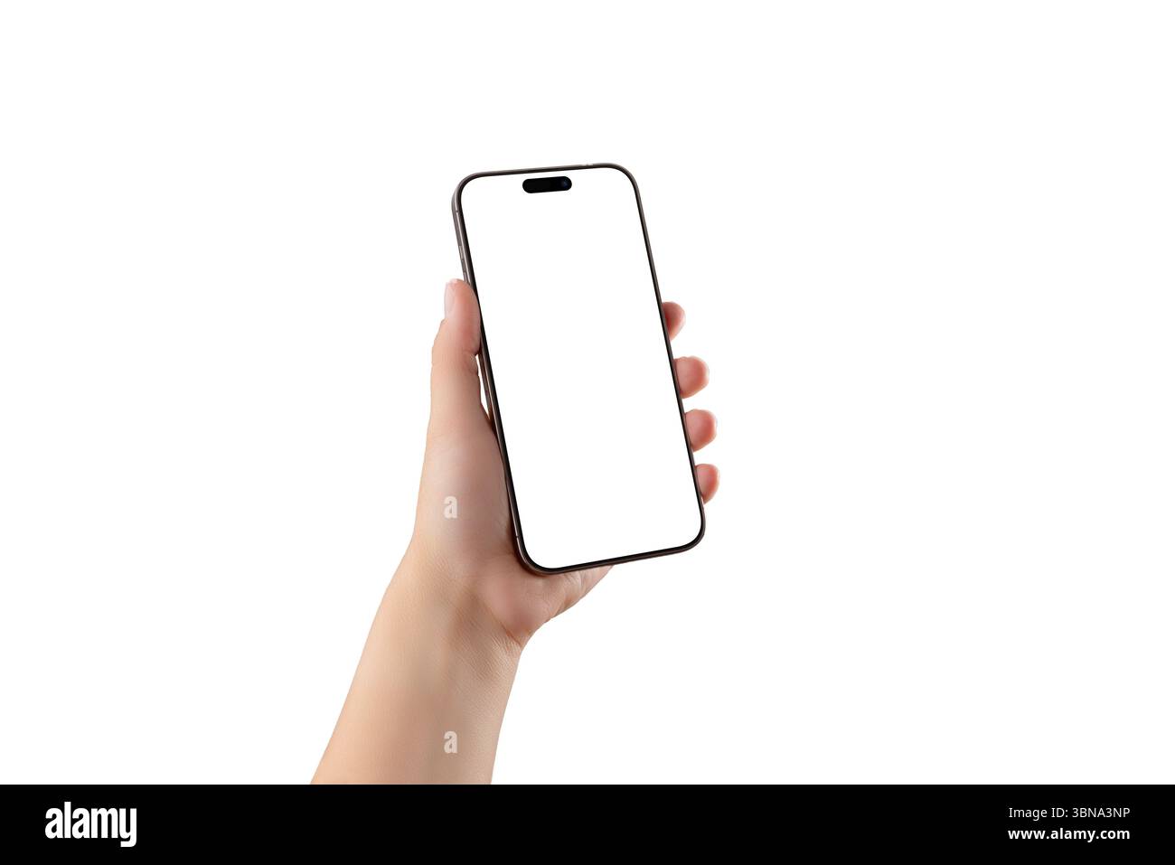 Minimalistisches Modell mit Hand und modernem Telefon, ideal für die Präsentation von Apps, klaren Branding-Konzepten oder digitalen Produktpräsentationen Stockfoto