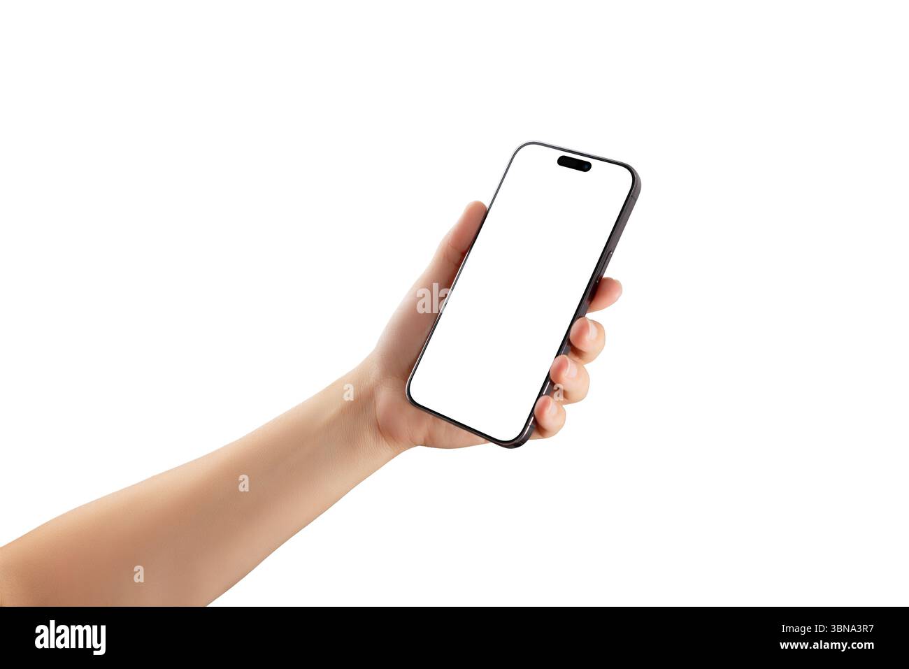 Isoliertes Smartphone in der Hand mit leerem Display, geeignet für reaktionsschnelle Layouts, technisches Branding oder mobile Anwendungskonzepte Stockfoto