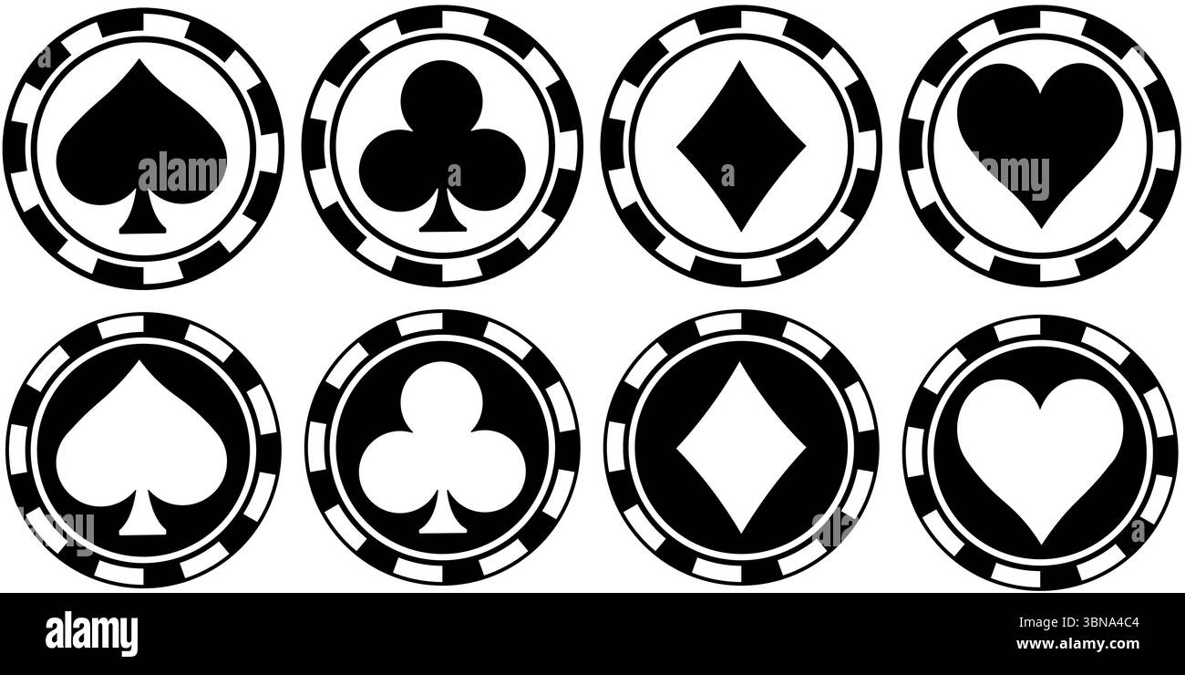 Roulette-Chips mit Logos für Kartenanzüge in Schwarz-weiß und weiß und Schwarz, Wetten- oder Glücksspielelement Stock Vektor