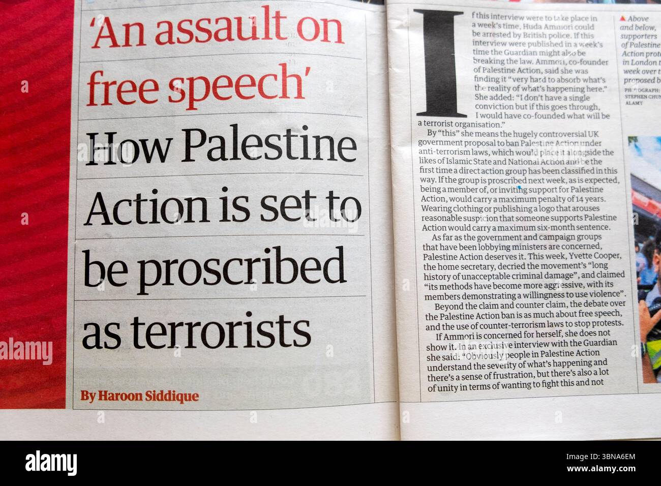 "Ein Angriff auf die Redefreiheit" wie Palästina-Aktion verboten werden soll, schreibt die Zeitung "Terrorists' Guardian" am 28. Juni 2025 politikartikel Großbritannien Stockfoto