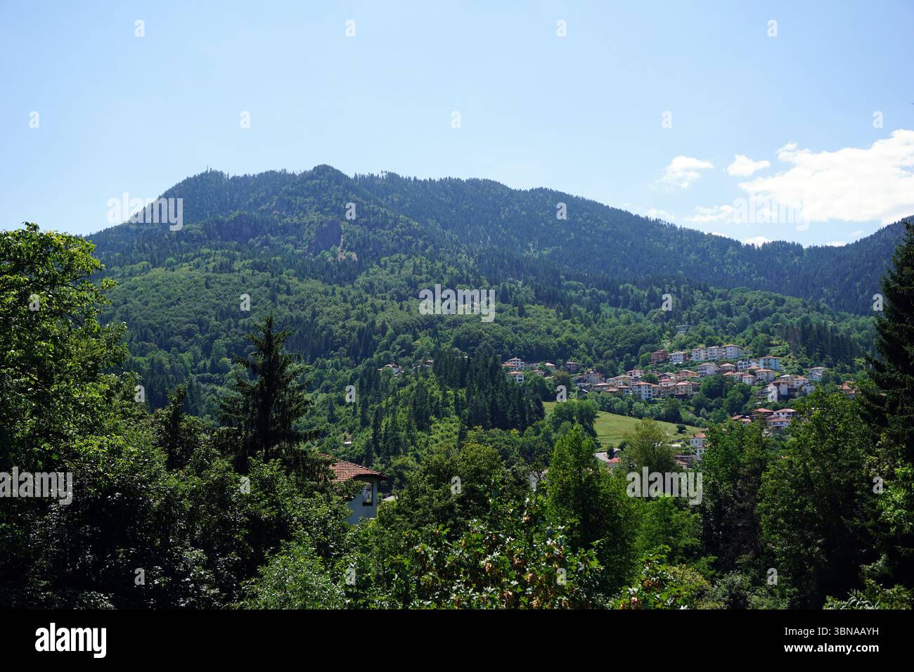 Eine malerische Berglandschaft mit einem kleinen Dorf an der Basis. Das Dorf verfügt über eine Mischung aus weißen und roten Gebäuden, wobei einige Dächer rot oder Terrakotta wirken. Das Dorf ist von einer üppigen Fläche von grünen Bäumen und Vegetation umgeben, mit einer Mischung aus immergrünen und Laubbäumen. Der Berg im Hintergrund ist von dichter grüner Vegetation bedeckt, mit einigen Felsvorsprüngen. Der Himmel ist ein klares Blau mit einigen verstreuten weißen Wolken. Die Perspektive des Bildes ist von einem hohen Aussichtspunkt aus und bietet einen Panoramablick auf das Dorf und die umliegenden Berge. A Stockfoto