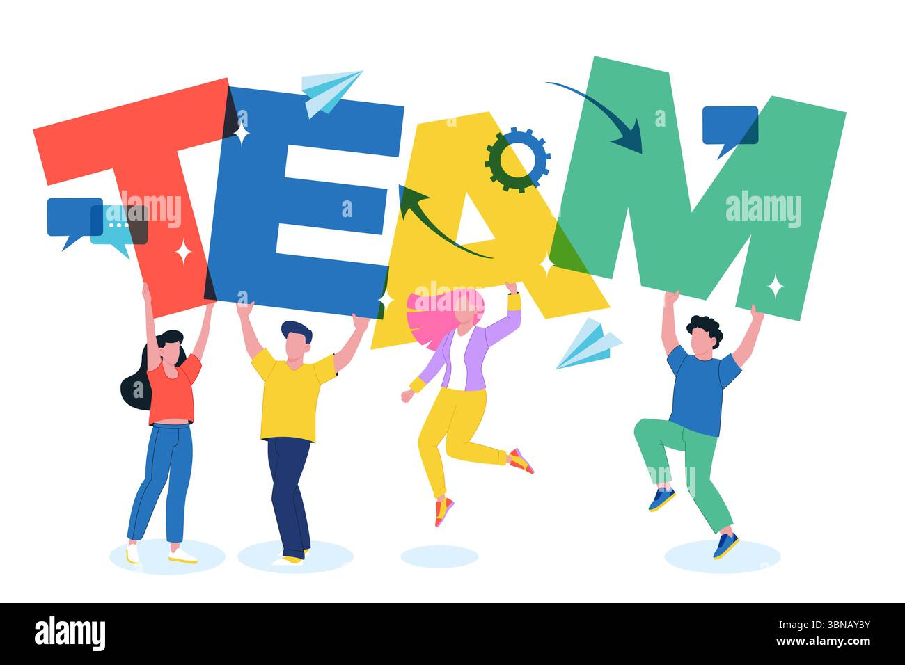 Leute, die leuchtende Buchstaben halten, Schreibwortteam. Vektor flache Zeichentrickillustration. Konzept von Teamarbeit, Einheit, Zusammenarbeit, Unternehmenserfolg, an Stock Vektor