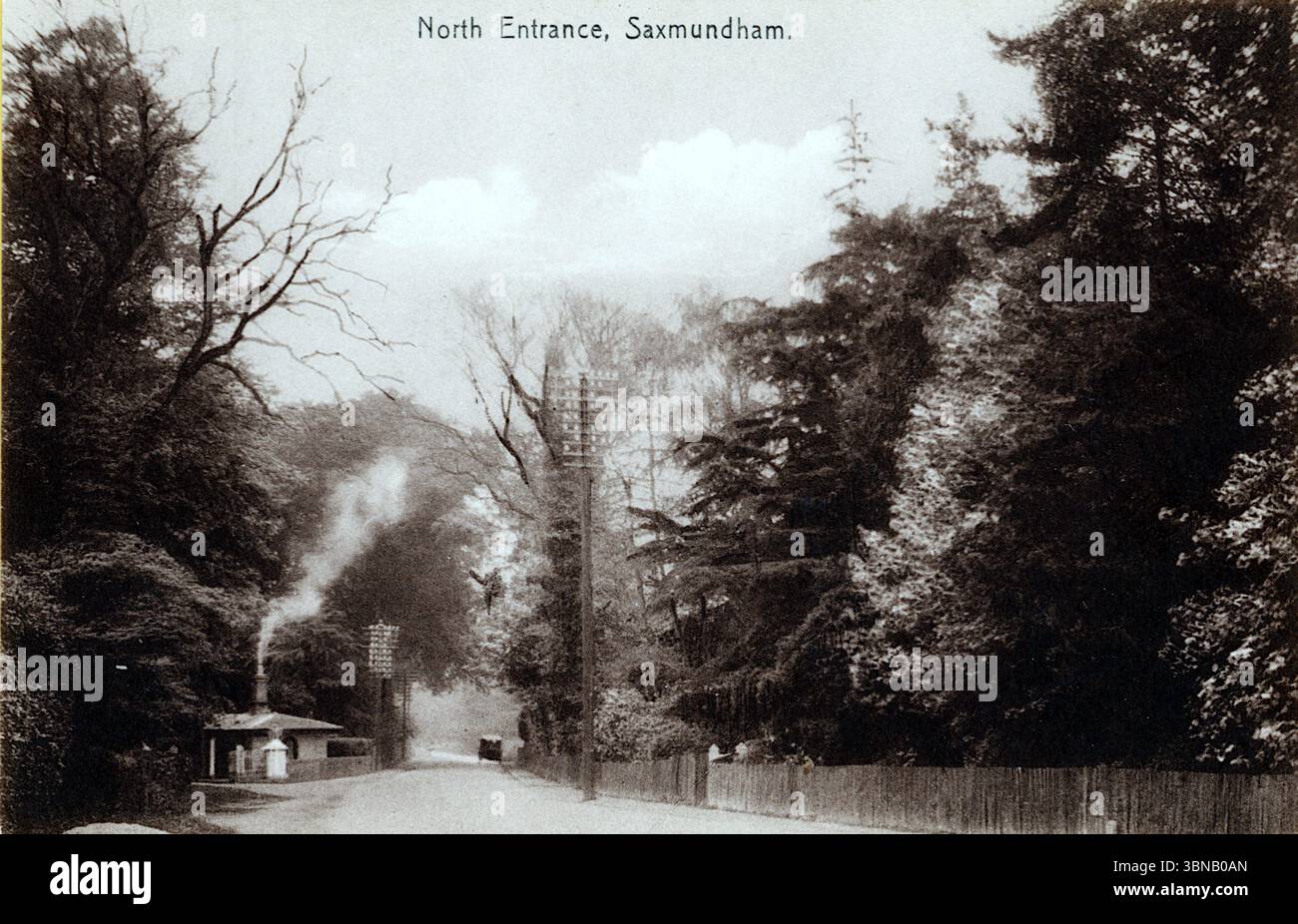 Eine von Bäumen gesäumte Straße führt nach Saxmundham, eingerahmt von einem rustikalen Zaun und einem Rauchschornstein auf der linken Seite. In der Ferne taucht ein früheres Auto auf – klein und boxig – und deutet auf den Anbruch des Autofahrens hin. Die Szene fängt einen ruhigen Übergang von der ländlichen Stille zur modernen Mobilität ein. Von einer Originalpostkarte, um 1920, unzugeschrieben. Stockfoto