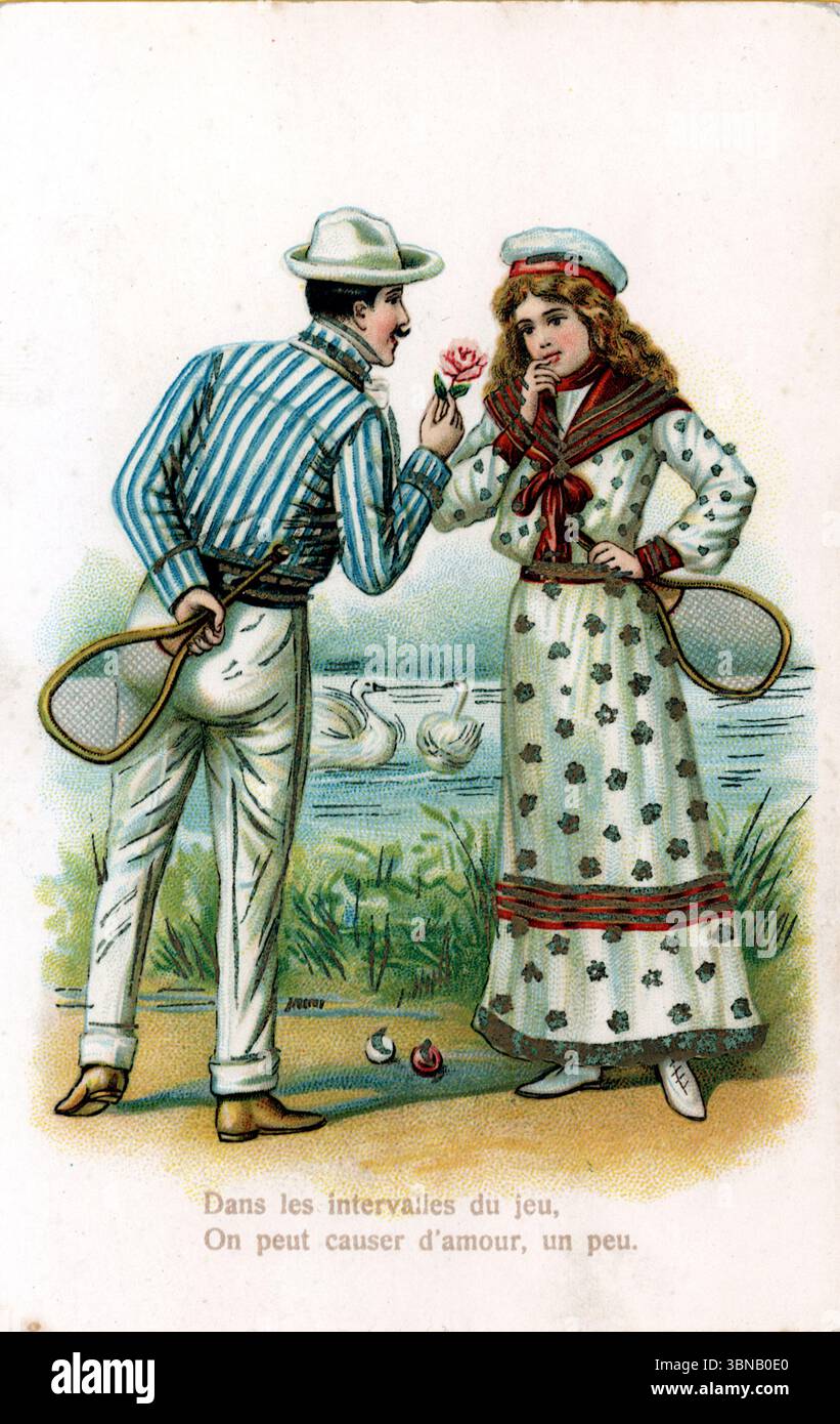 Eine illustrierte Postkarte aus dem Jahr 1907 fängt eine romantische Pause am See ein: Ein Mann bietet einer Frau eine Blume an, während Schwäne hinter ihnen gleiten. Beide halten Tennisschläger, mitten im Spiel. Ihr sternenbesetztes Kleid steht im Kontrast zu seinem gestreiften Hemd. Die Bildunterschrift lautet: „Dans les intervalles du jeu, on peut causer d’amour, un peu“. - "In den Spielabständen kann man ein wenig von Liebe reden." Veröffentlicht in Frankreich von A.B.S. Stockfoto