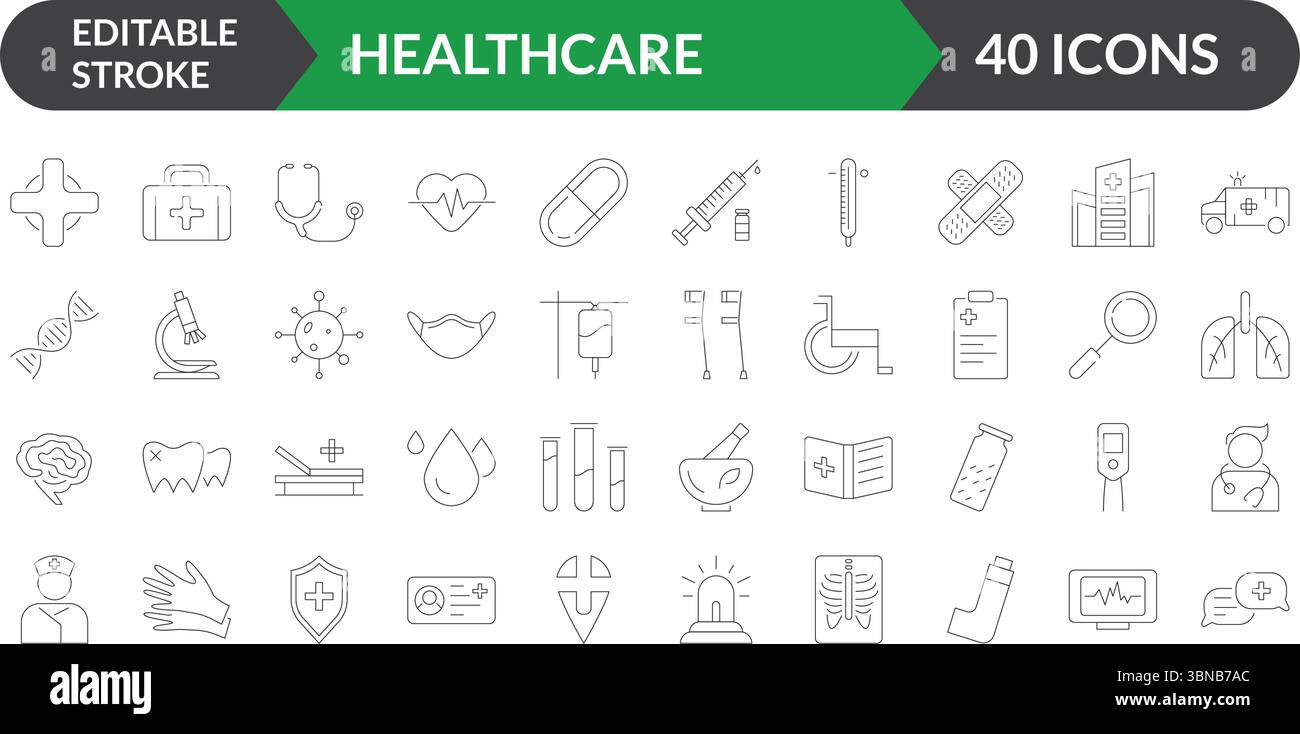 Healthcare Line Icons Vektor-Set, Editierbarer Schlaganfall Medical Icon Pack, Klinik, Krankenhaus, Behandlung, Diagnose Symbole Stock Vektor