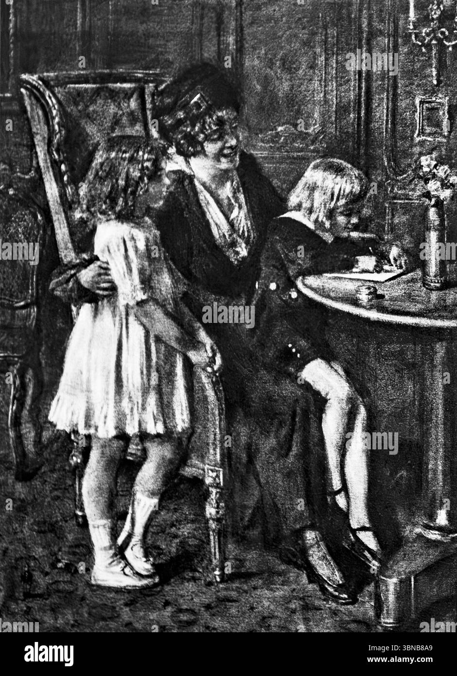 Die am 1. Januar 1916 in L’Illustration veröffentlichte Zeichnung von Lucien Jonas mit dem Titel Les Souhaits de Bonne Année – Le Foyer zeigt eine französische Mutter mit ihren Kindern während des Krieges. Während ein Kind Neujahrswünsche schreibt, weckt das Bild Hoffnung und häusliche Wärme inmitten der Not des Ersten Weltkriegs. Ein ergreifender Blick auf das Leben der Zivilisten in Frankreich während des Ersten Weltkriegs. Stockfoto