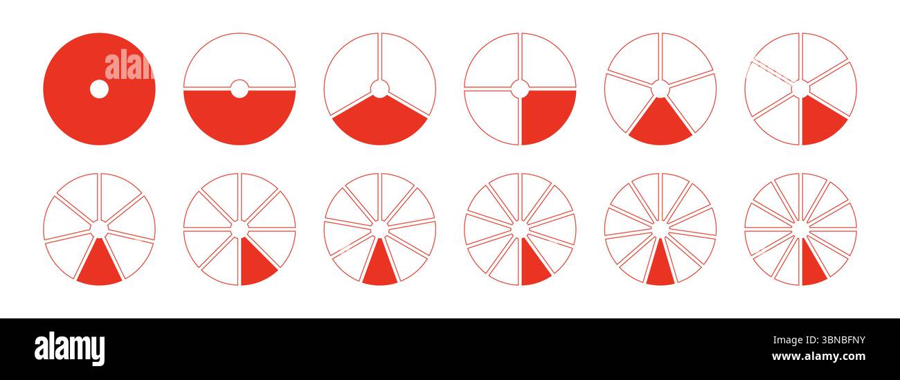 Kreise unterteilt in Diagramme 1, 2, 3, 10, 7, 8, 9, 10, 11, 12 gleiche Teile. Infografik „rote Segmente“, Rad rund geteilt. Diagrammkuchen, Pizzaform Stock Vektor