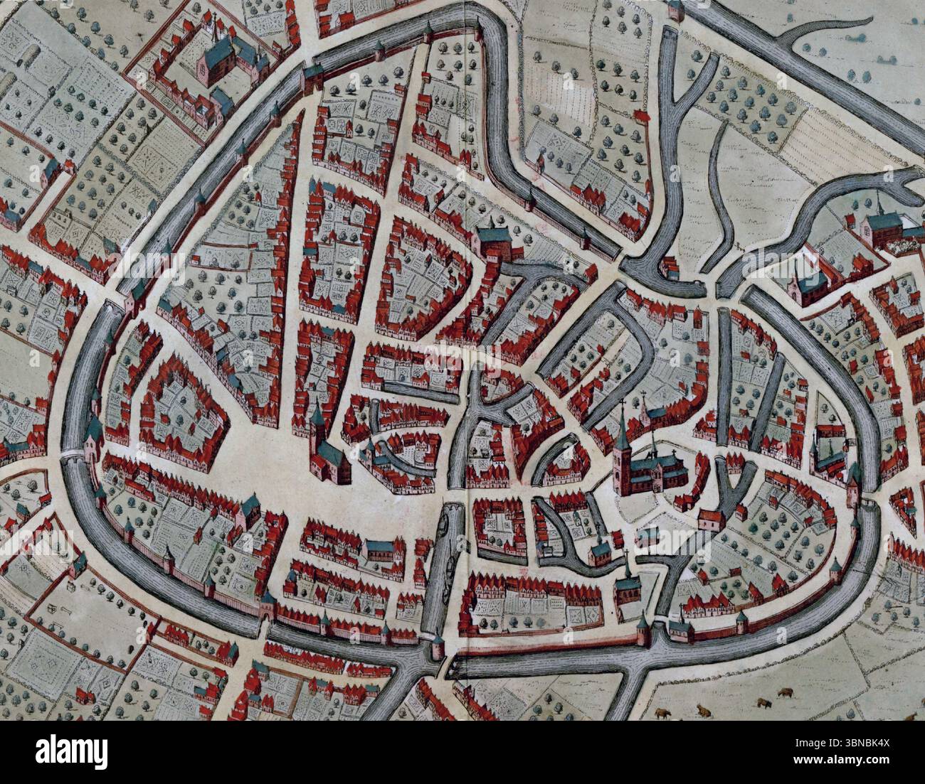 Vintage-kartographische Darstellung der Stadtbefestigungen aus dem 16. Jahrhundert rund um die niederländische Stadt 's-Hertogenbosch, die historische Architektur enthüllt Stockfoto