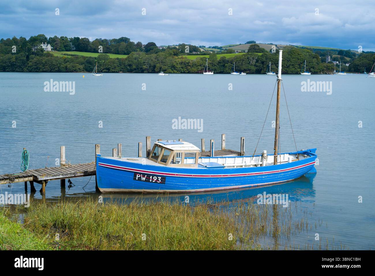 Ein Fischerboot, das an einem Steg in einer ruhigen Szene auf dem Fluss Dart in Devon, England, Großbritannien, ankert Stockfoto