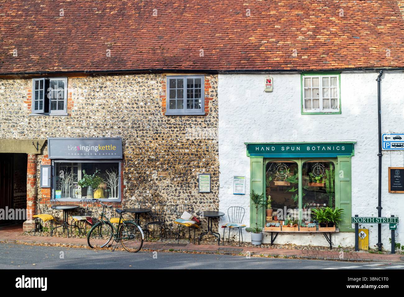 North Street in Alfriston bei der Singing Kettle Teestube und Café und Hand Spun Botanicals for Plants, Sussex UK Stockfoto
