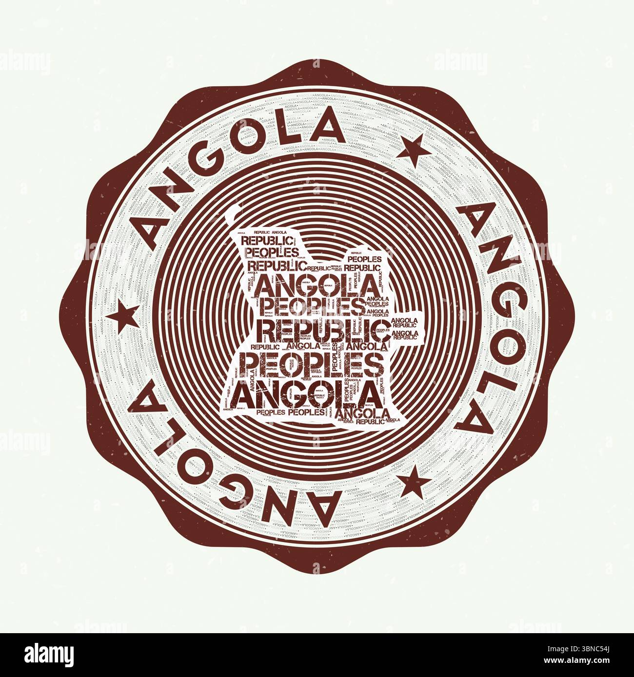 Angola Siegel. Country Round-Logo mit Form von Angola und Ländername in mehrsprachigen Word Cloud. Fesselndes Emblem. Stock Vektor