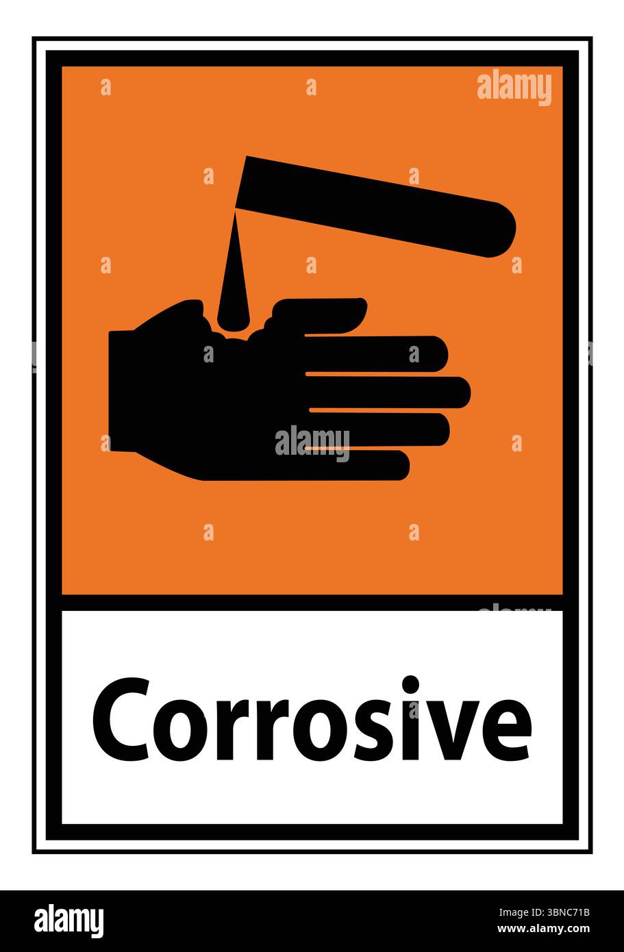 Dieses Bild zeigt ein Warnschild, das auf korrosive Materialien hinweist und eine Hand und eine tropfende Flüssigkeit zeigt. Sie dient als wichtige Erinnerung an die Sicherheit Stock Vektor