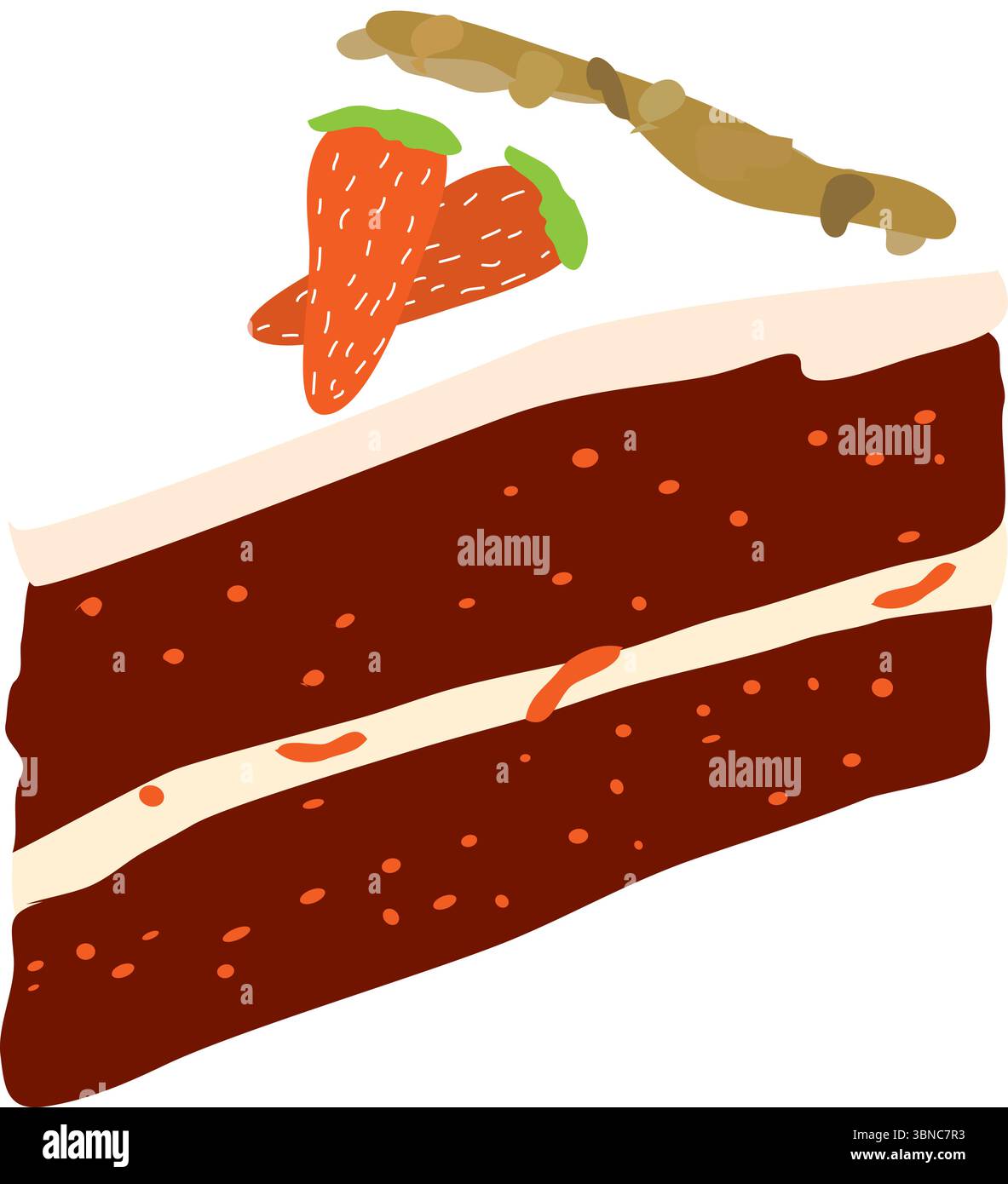 Vektor-Illustration eines Stücks Karottenkuchen mit Frischkäse-Frosting und Karotten-Topping. Ideal für Bäckereimenüs, Verpackungen oder digitale Anwendungen. Stock Vektor