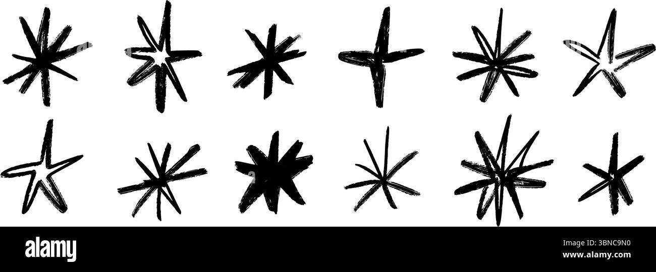 Buntstift handgezeichnete Sterne gesetzt. Kollektion mit kindlichem Doodled Funken und Glitzern. Grinsen mit rauem Pinselstrich, Glanzelement-Paket für Collage, Poster, Aufkleber, Etikett. Schwarze Bleistift skizzierte Symbole. Vektor Stock Vektor