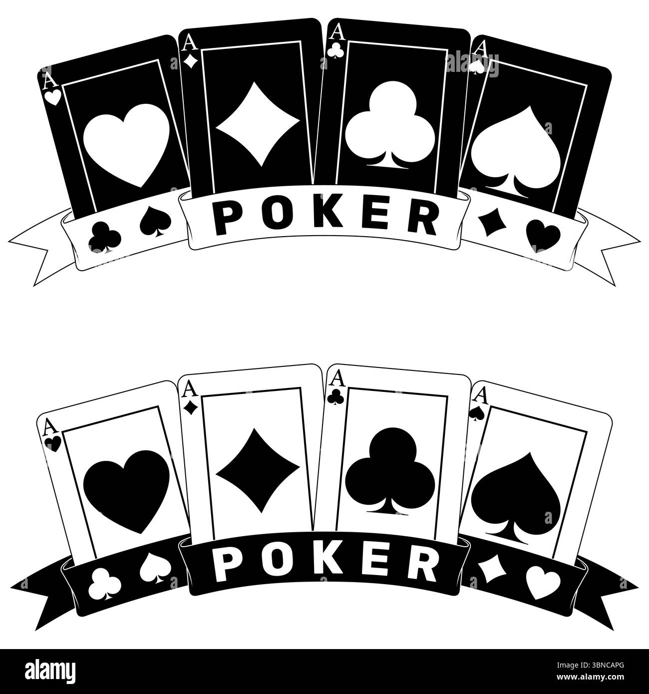 Pokerkarten, umgeben von einem Band, Pokersymbole von Herz, Diamant, Verein und Ass Stock Vektor