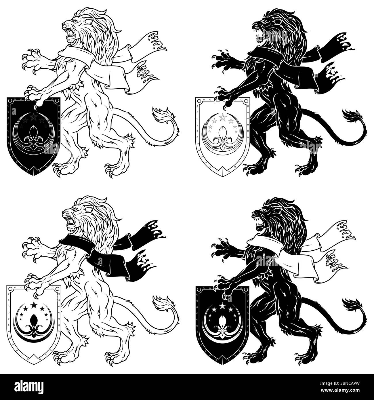 Wilder Löwe mit Band und Schild aus dem Mittelalter, heraldische Katze des europäischen Königs Stock Vektor