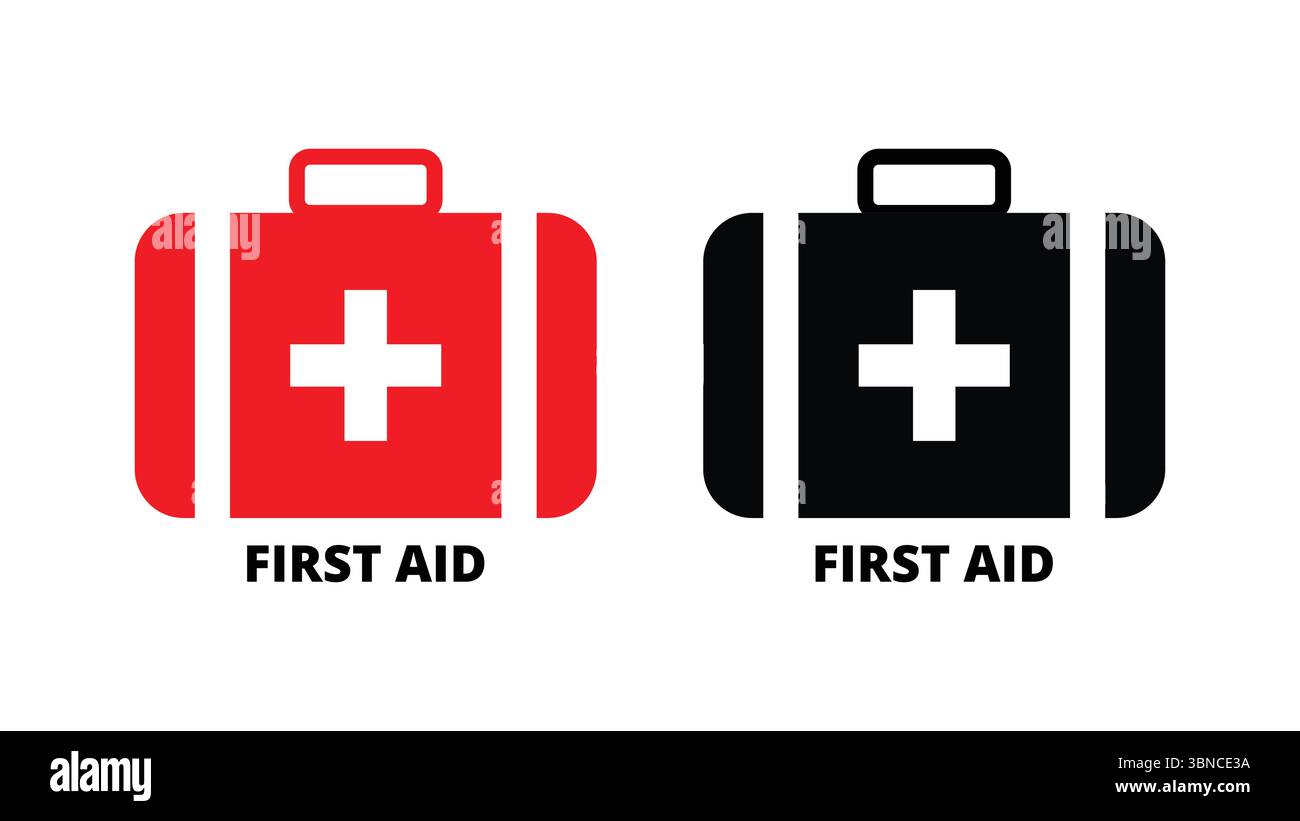 Erste-Hilfe-Kit-Symbol-Set isoliert auf weißem Hintergrund, rot und schwarz Notfall-medizinische Koffer mit Kreuz-Symbol, Gesundheits- und Krankenhaus-Vektor-Symbol Stock Vektor