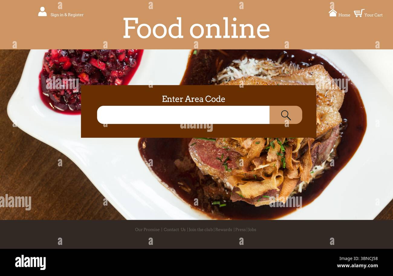 Die Landingpage ist flach gestaltet und verfügt über ein Suchfeld für das Warenkorbsymbol über einem Teller Stockfoto