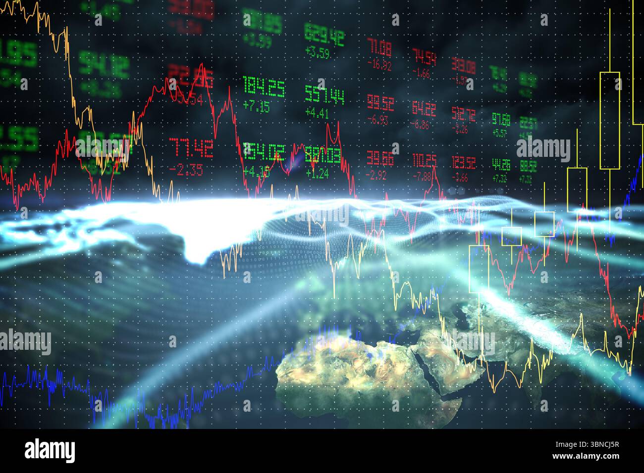 Anzeigen der Erdkrümmung mit farbigen Liniendiagrammen, gelben Kerzenleuchtern und farbigen Tickern auf dem Raster Stockfoto
