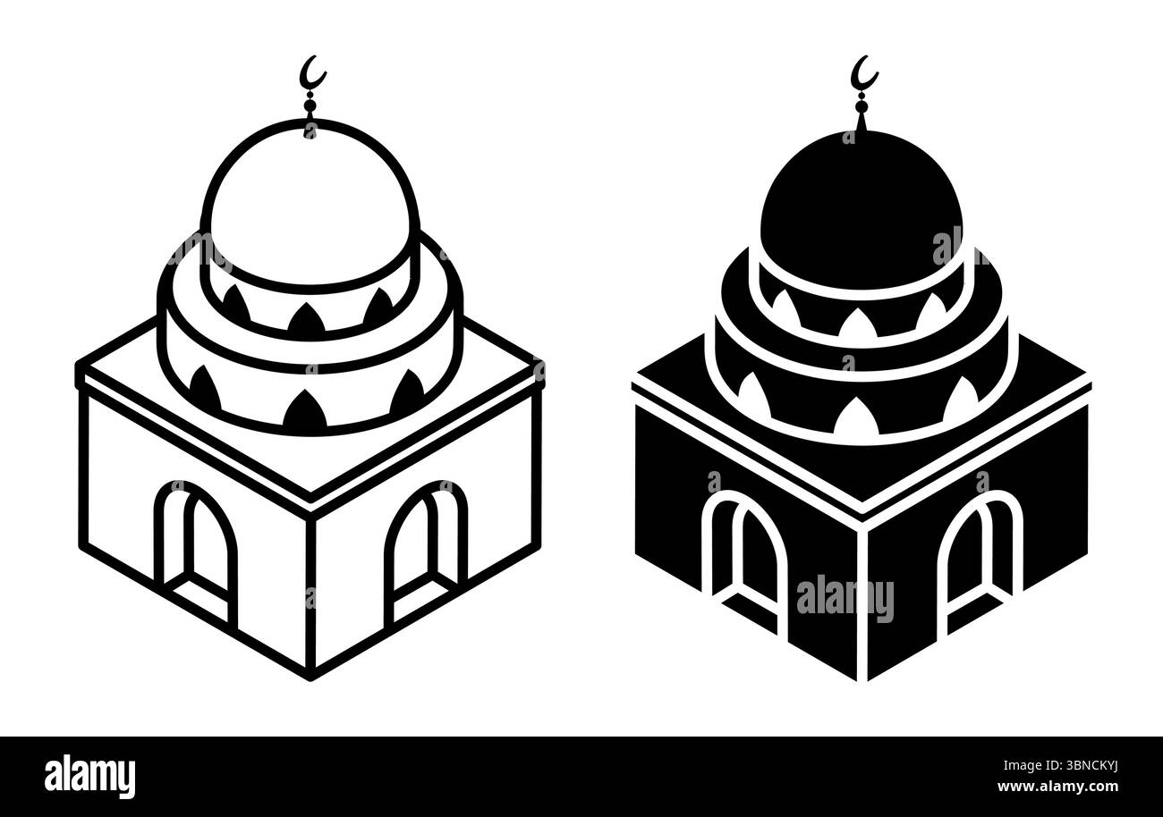 Lineare Ikone, isometrische antike Tempel, isometrische muslimische Moschee, Kuppel und Sichelsymbol oben. Religiöser Gebetsbau. Schlichtes Schwarz und weiß Stock Vektor Lineare Ikone, isometrische antike Tempel, isometrische muslimische Moschee, Kuppel und Sichelsymbol oben. Religiöser Gebetsbau. Schlichtes Schwarz und weiß Stock Vektor