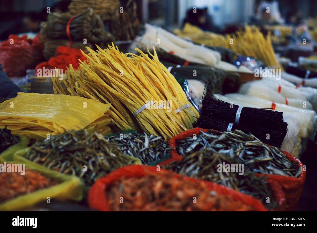 Getrocknete Fische, Tofu-Felle und Vermicelli werden auf dem Duyun Market, Guizhou, ausgestellt Stockfoto